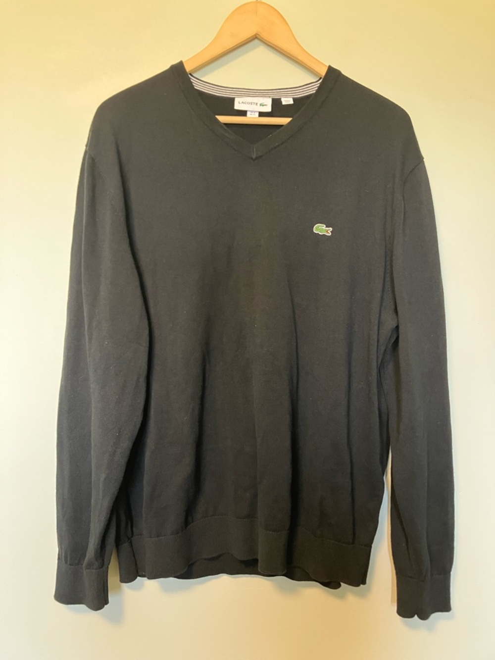 NWOT Lacoste Men's Black V-Neck Sweater with Green Crocodile Logo